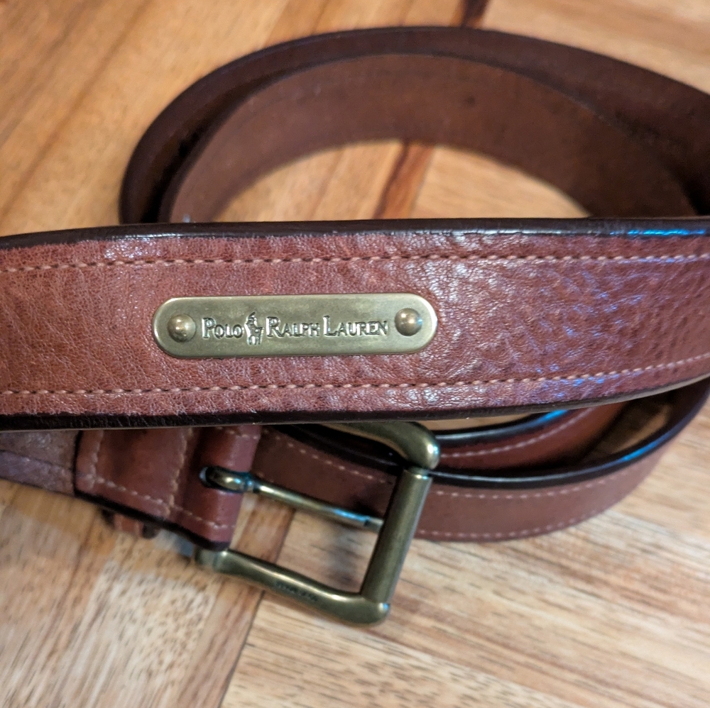 Polo Ralph Lauren Vintage Italian Leather Belt with Solid Brass Buckle & Plaque